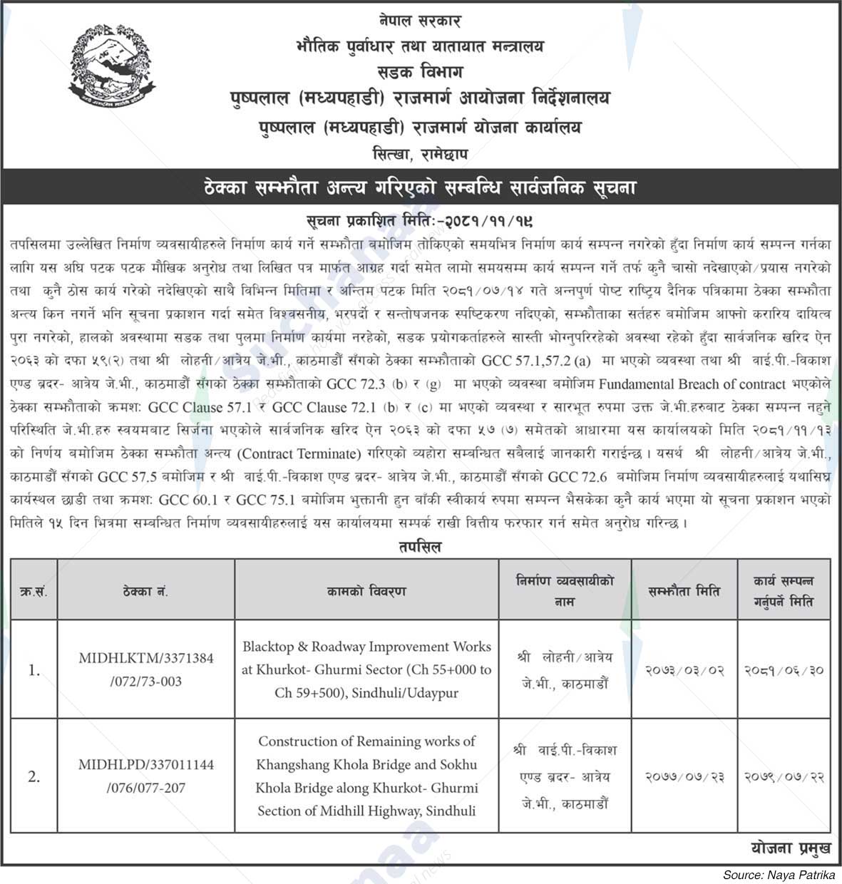 Pushpalal (Madhyapahadi) Highway Project Directorate