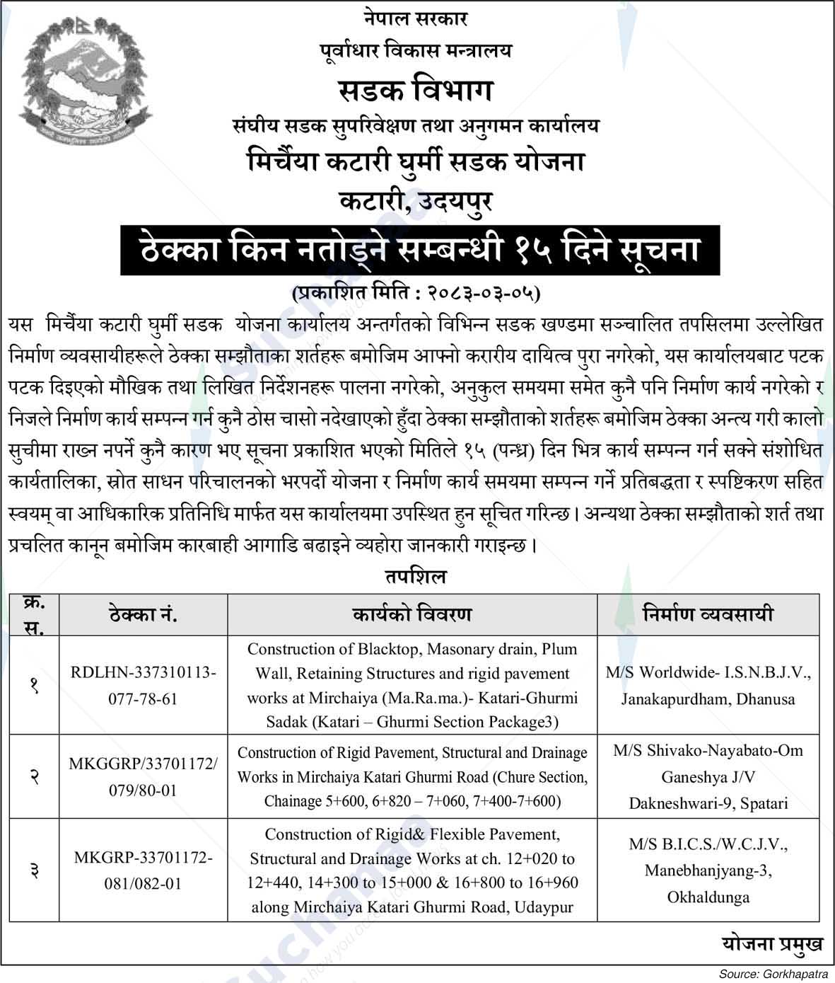 Mirchaiya Katari Ghurmi Sadak Yojana, Udayapur