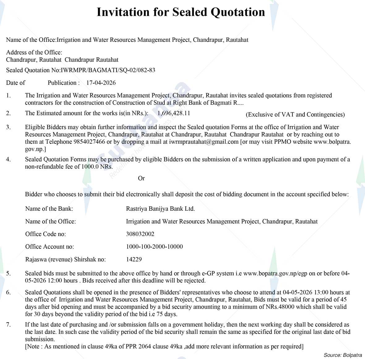 Irrigation and Water Resources Management Project, Chandrapur, Rautahat