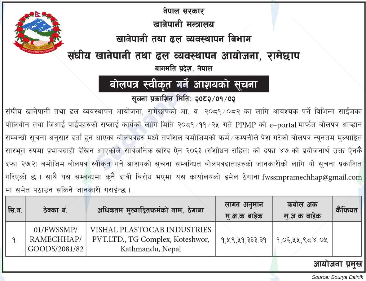 Federal Water Supply and Sewerage Management Project, Ramechhap