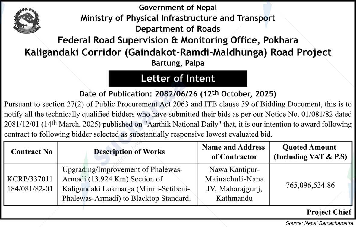 Kaligandaki Corridor (Gaindakot-Ramdi-Maldhunga) Road Project, Bartung, Palpa