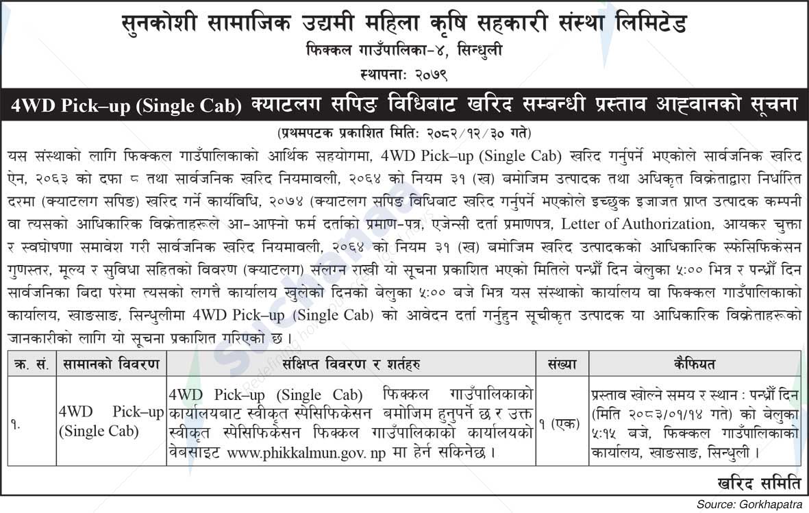 Sunkoshi Samajik Udhyami Mahila Krishi Sahakari Sanstha Limited, Sindhuli