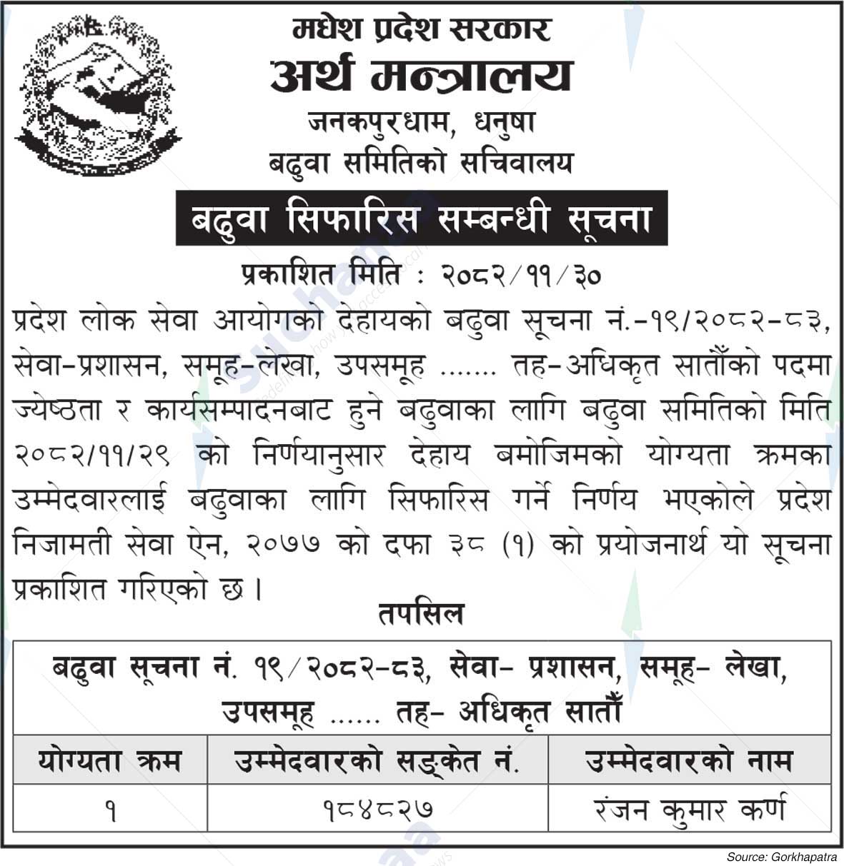 Ministry of Finance, Madhesh