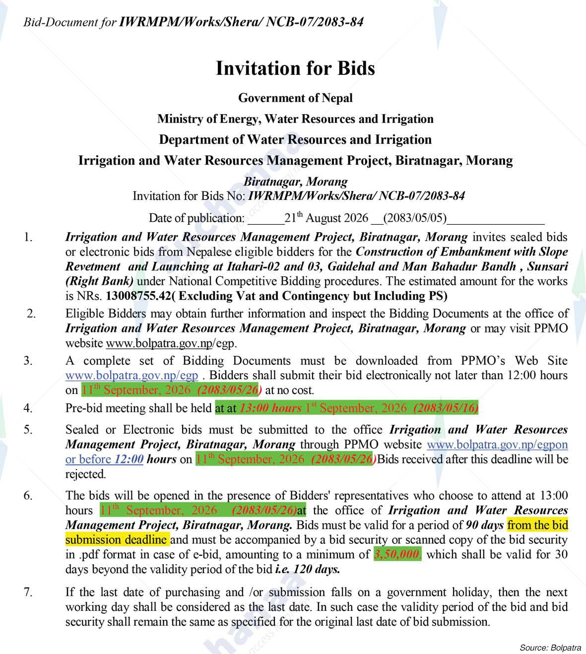 Irrigation and Water Resources Management Project, Morang