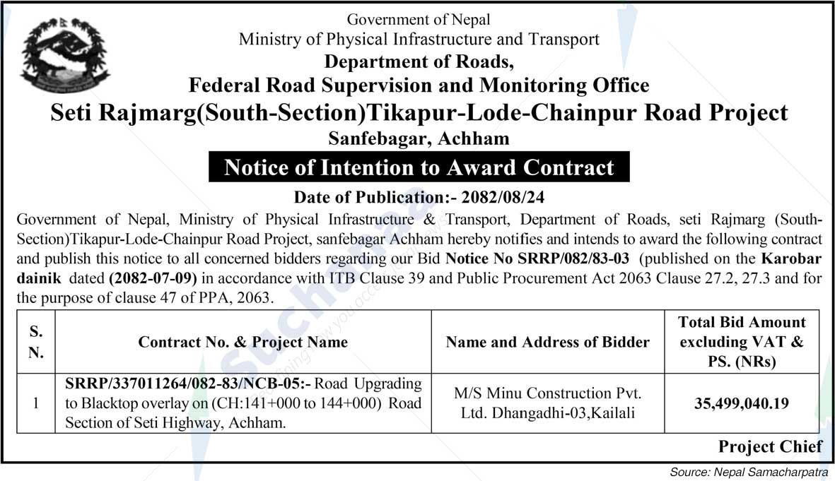 Seti Rajmarg (South-Section)Tikapur, Lode, Chainpur Road Project Sanfebagar, Achham