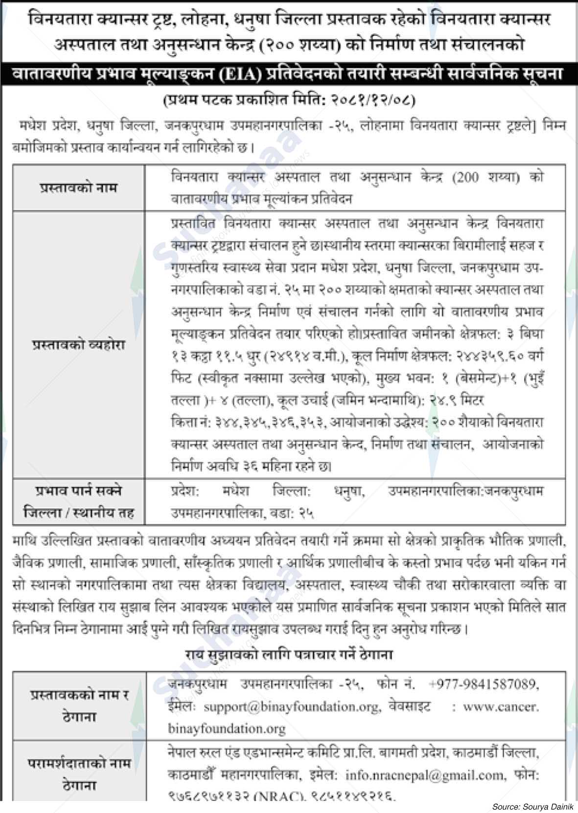 Vinayatara Cancer Hospital and Research Center (200 beds)