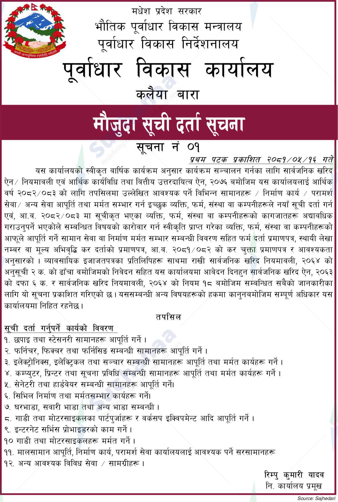 Infrastructure Development Office, Kalaiya, Bara