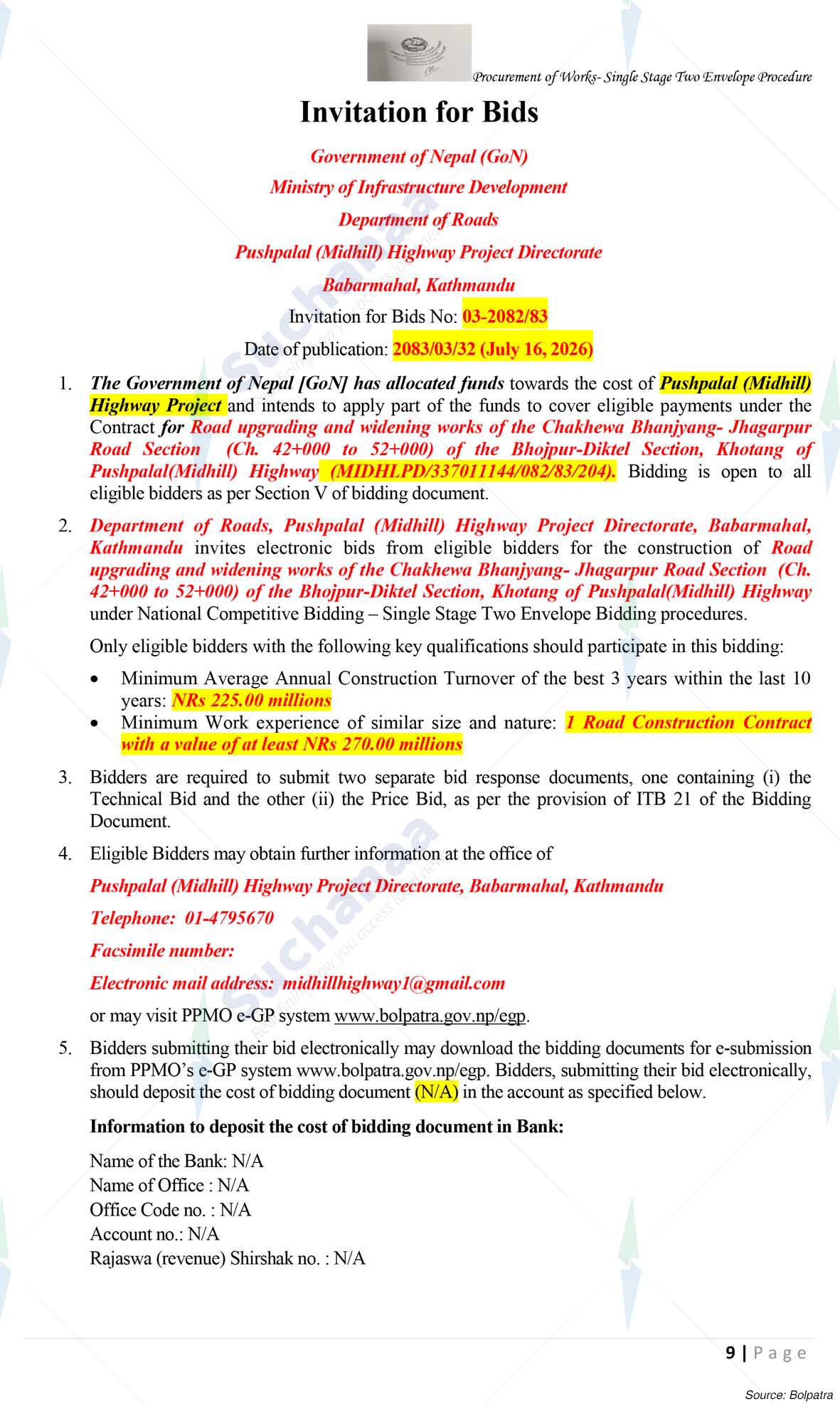Department of Roads, Pushpalal (Midhill) Highway Project Directorate