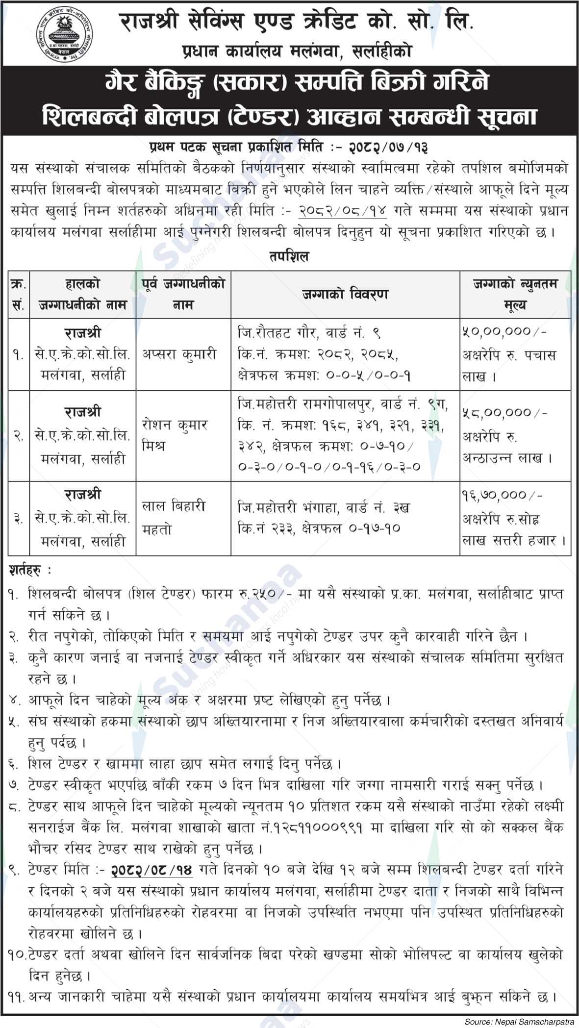 Rajshree Savings and Credit Co. So. Ltd.