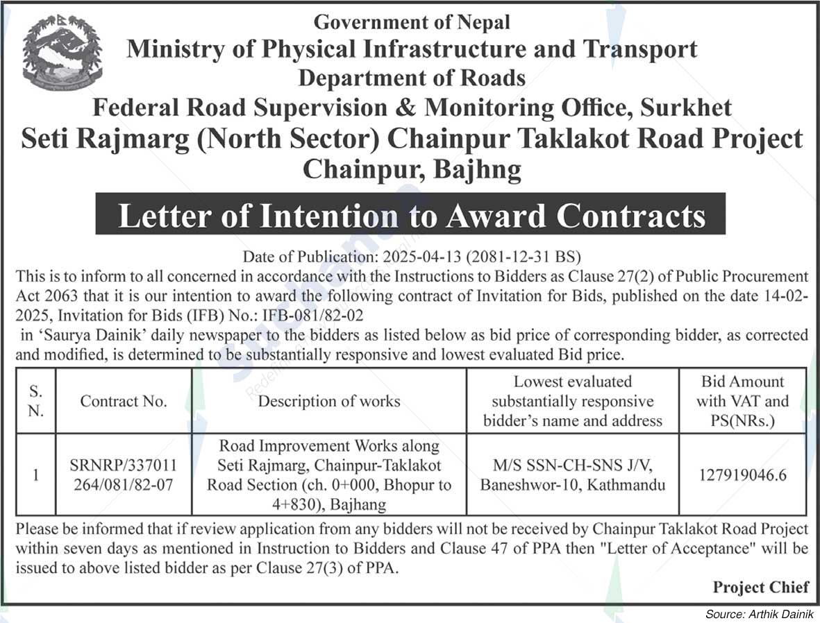 Seti Rajmarg (North Sector) Chainpur Taklakot Road Project Chainpur, Bajhng