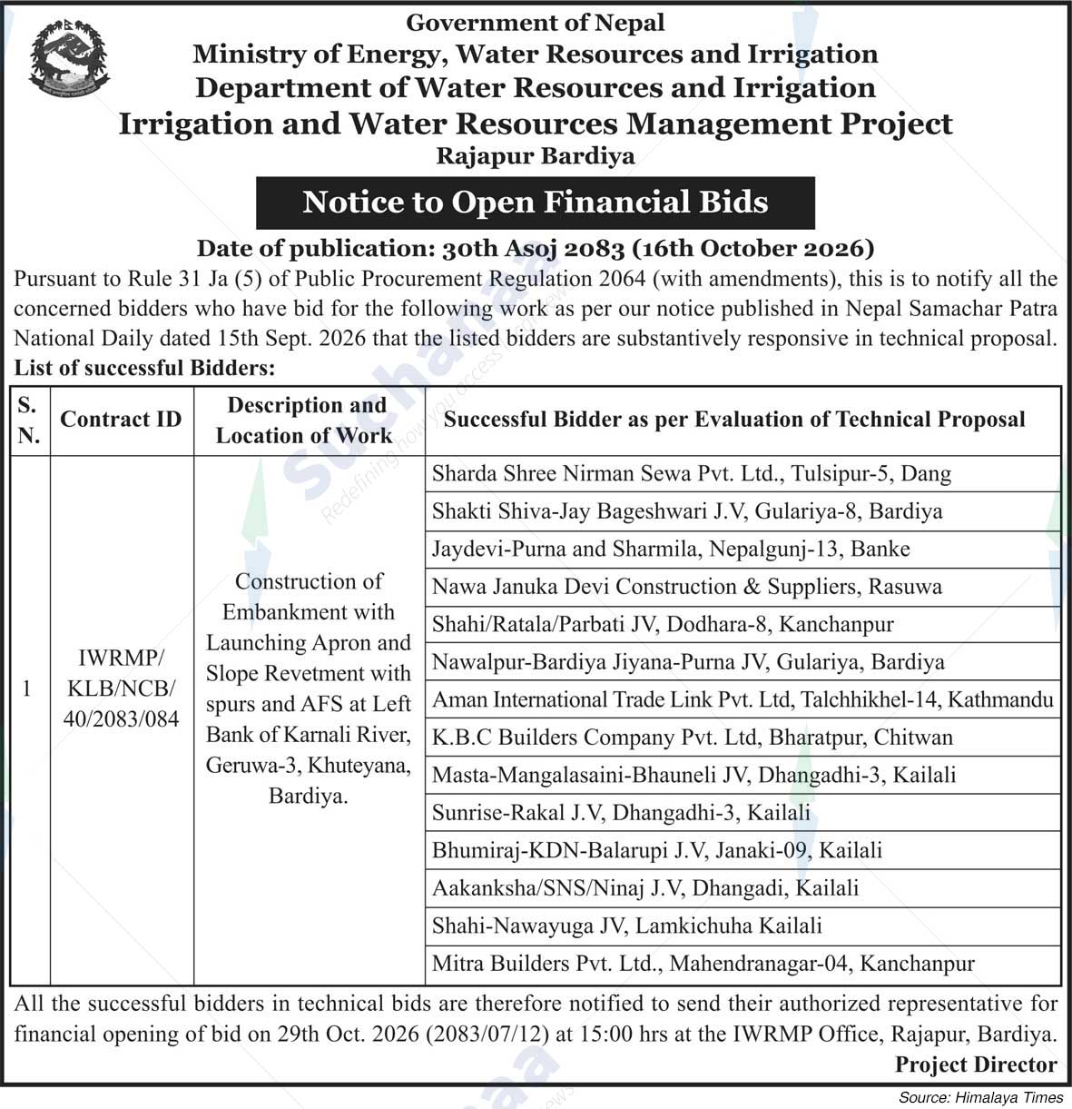 Irrigation and Water Resource Management Project, Bardiya