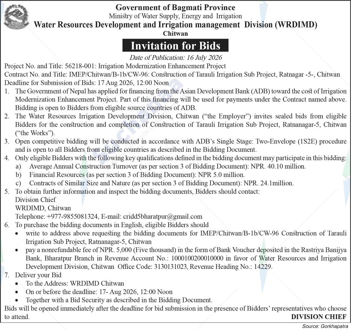 Water Resources Development and Irrigation management Division (WRDIMD), Chitwan