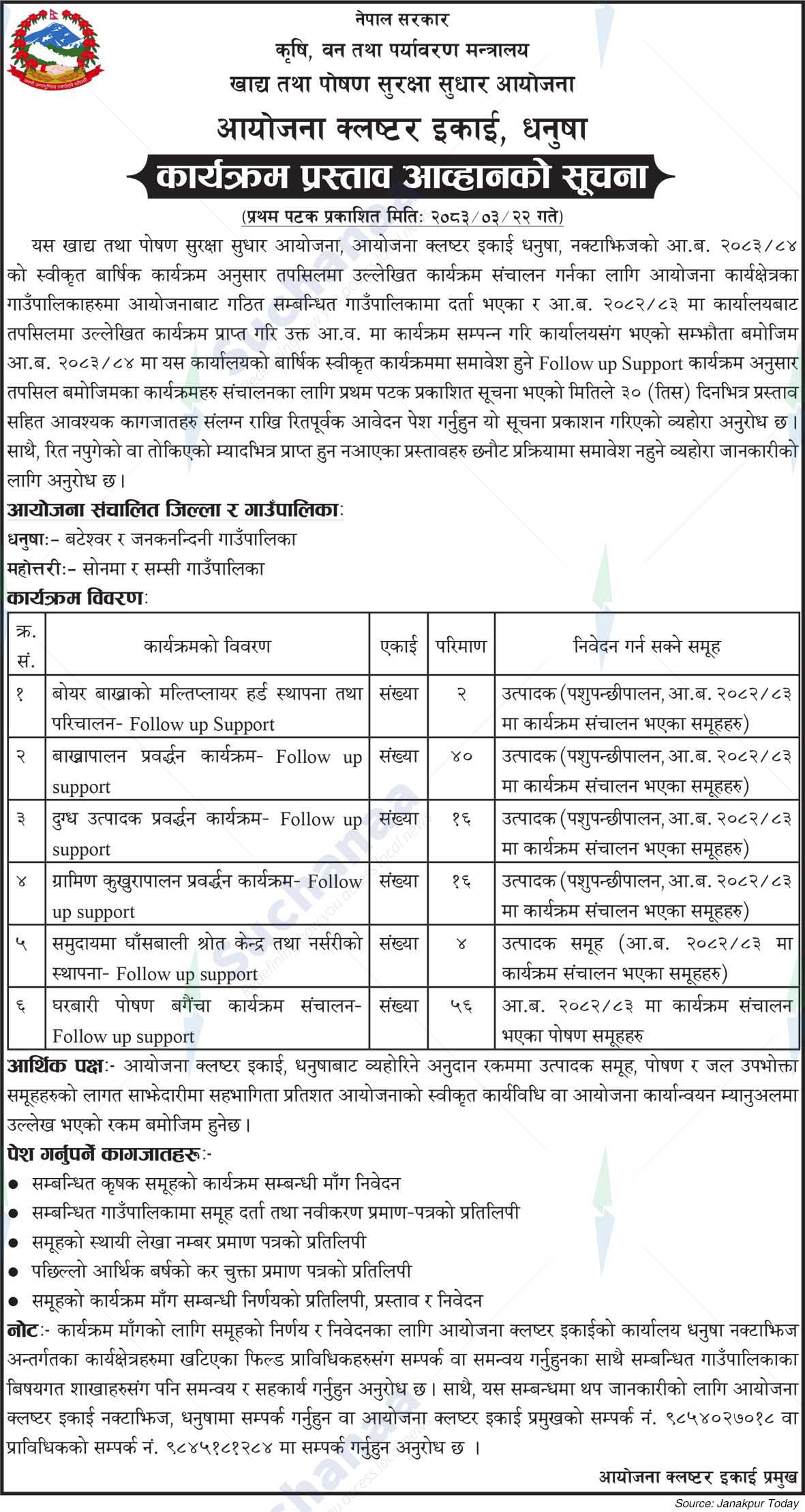 Planning Cluster Unit, Dhanusha