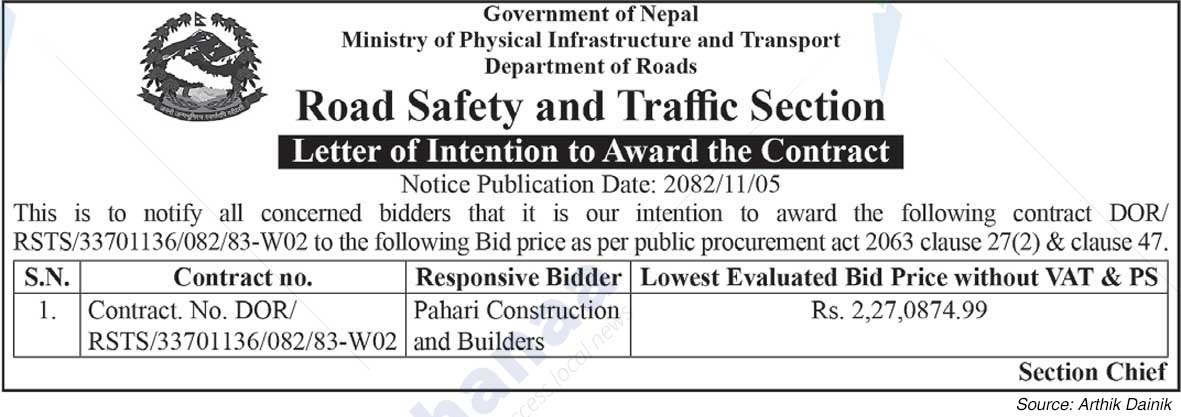 Department of Roads, Road Safety and Traffic Unit (TSTU)