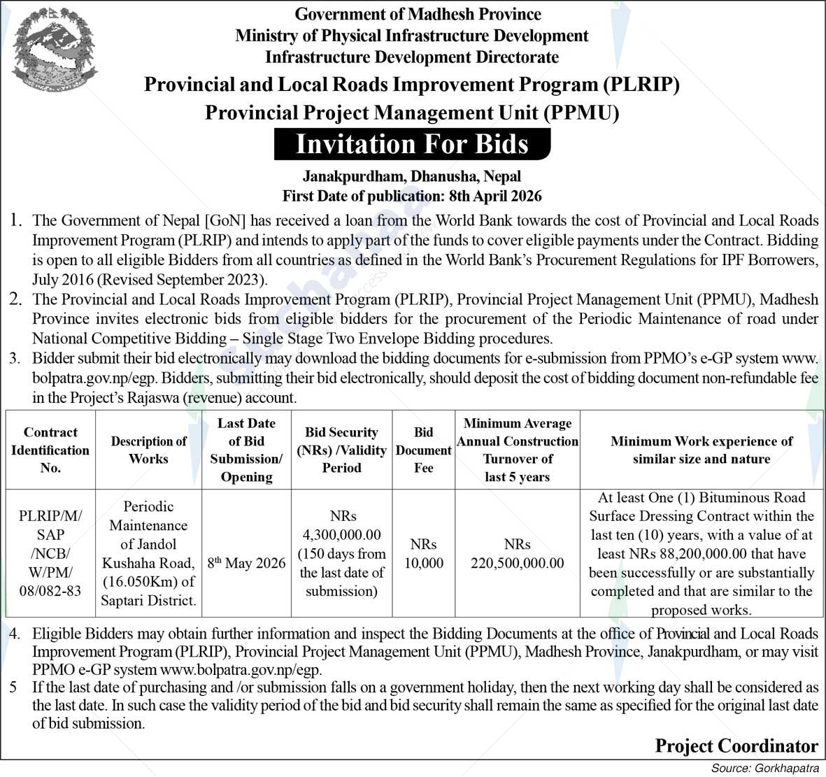 Provincial and Local Roads Improvement Program (PLRIP), Dhanusha
