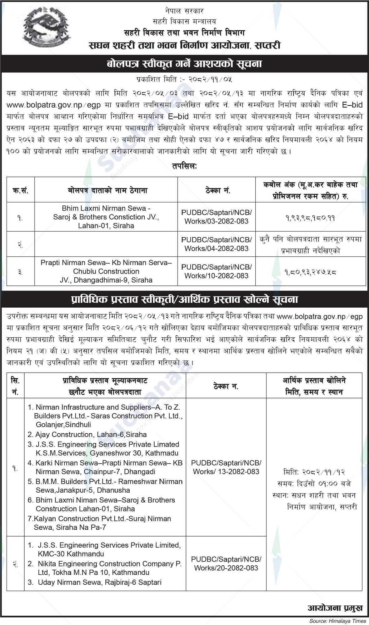 Project Office of Urban Development and Building Construction, Saptari