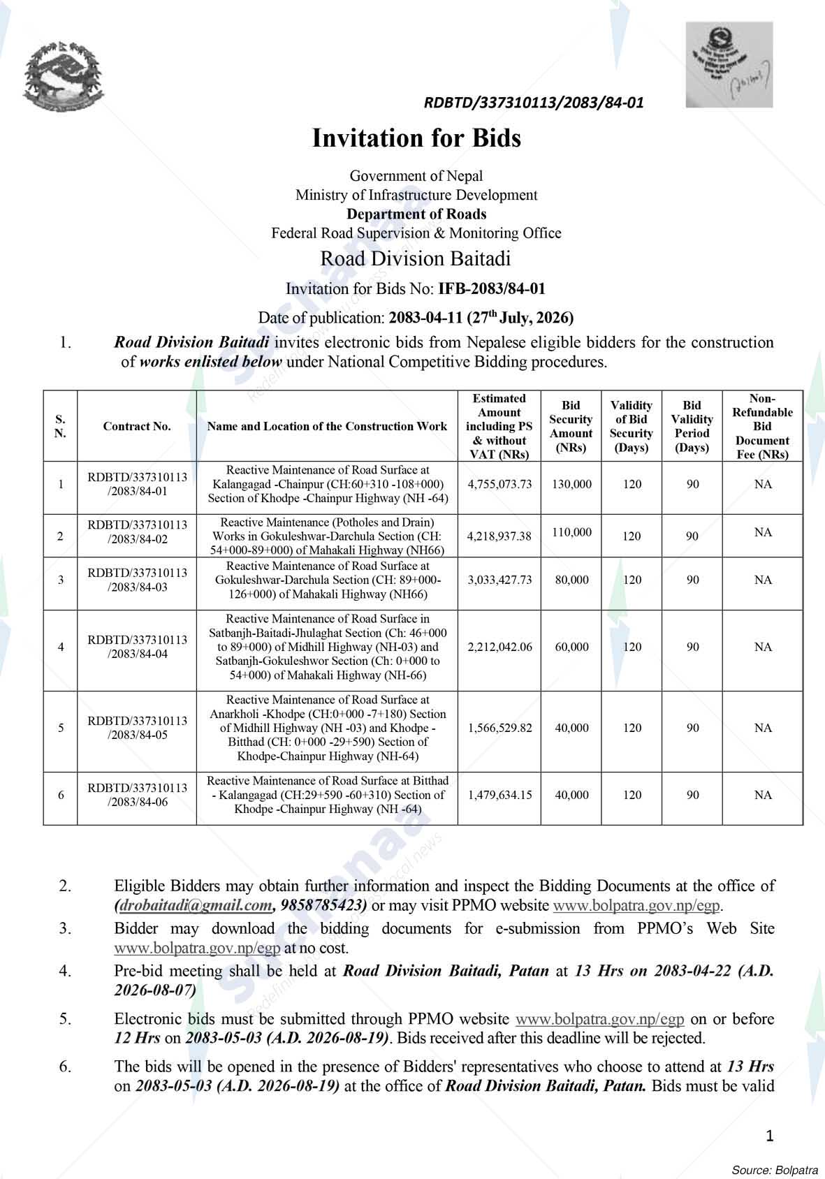Road Division, Baitadi