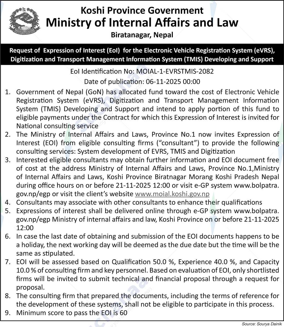 Ministry of Internal Affairs and Law, Koshi