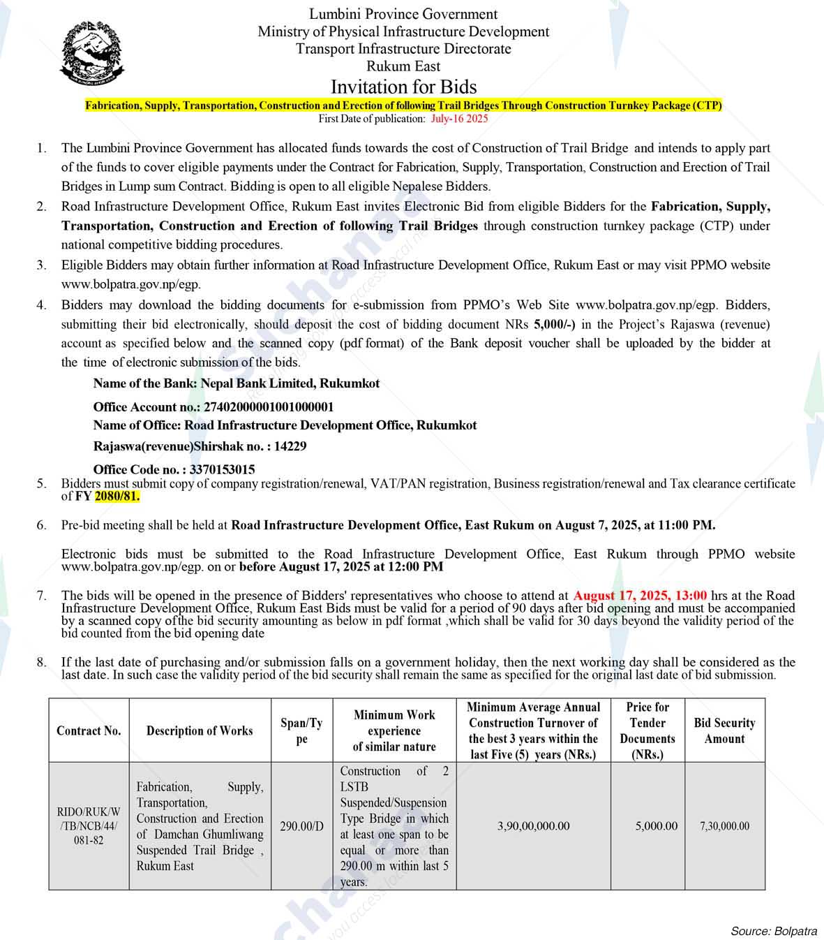 Transport Infrastructure Directorate, Rukum East