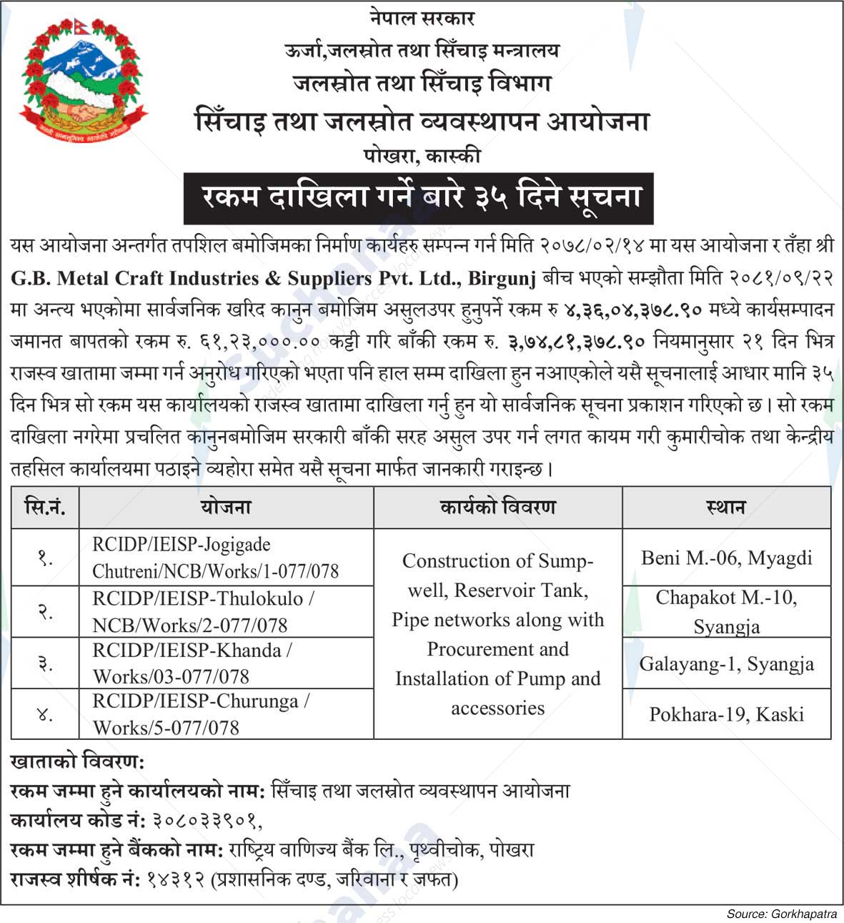 Irrigation and Water Resources Management Project, Kaski