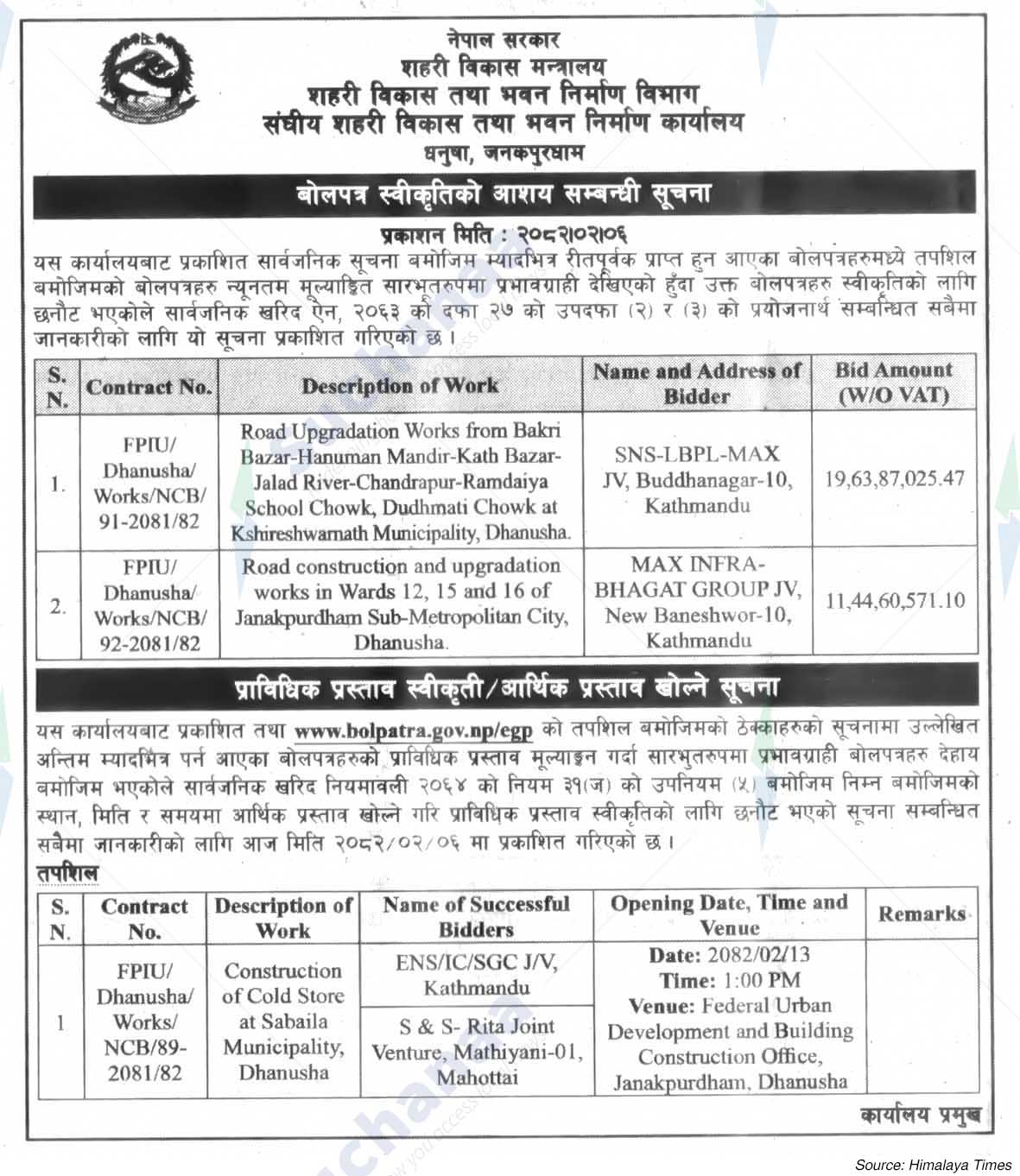 Federal Urban Development and Building Office, Dhanusha
