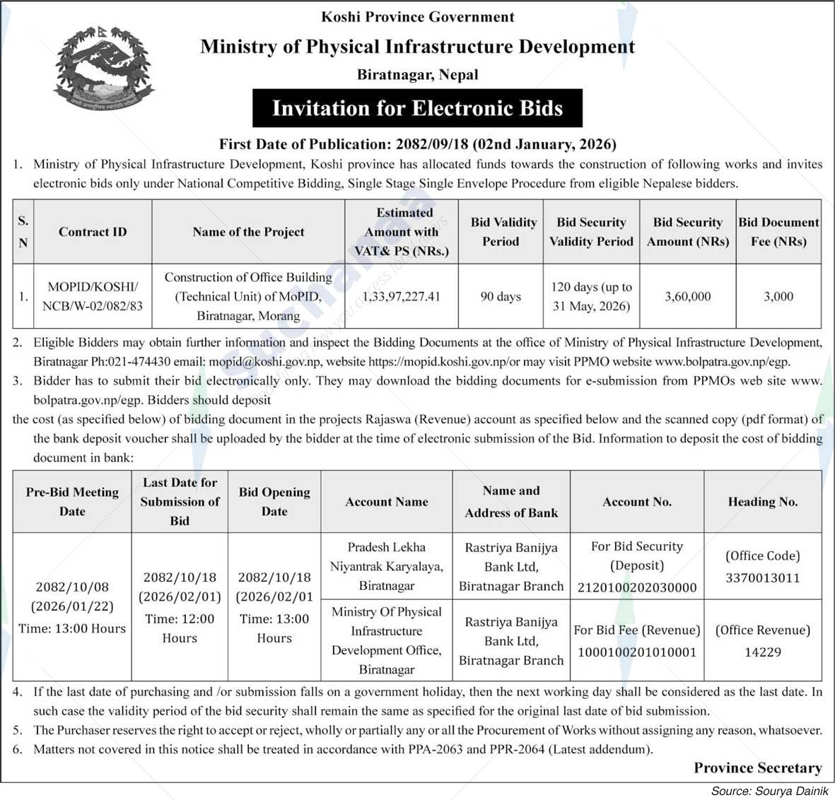 Ministry of Physical Infrastructure Development, Koshi