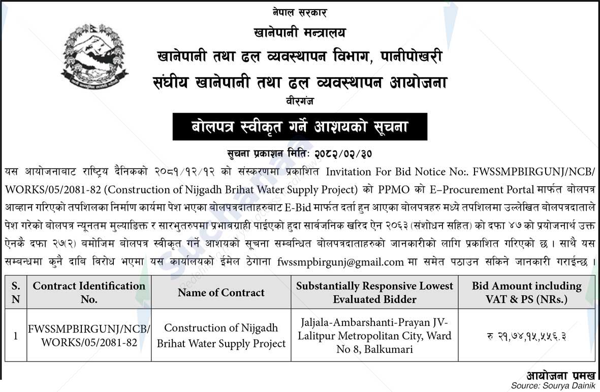 Federal Water Supply and Sewerage Management Project, Birgunj
