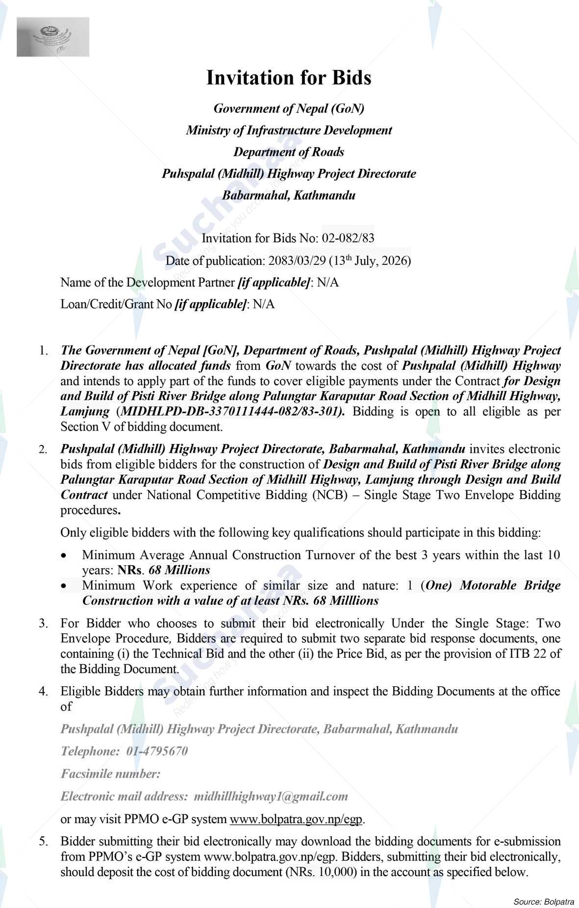 Department of Roads, Pushpalal (Midhill) Highway Project Directorate