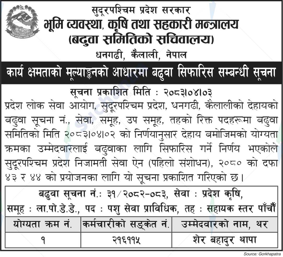 Ministry of Land Management, Agriculture and Co-operatives, Sudurapashchim