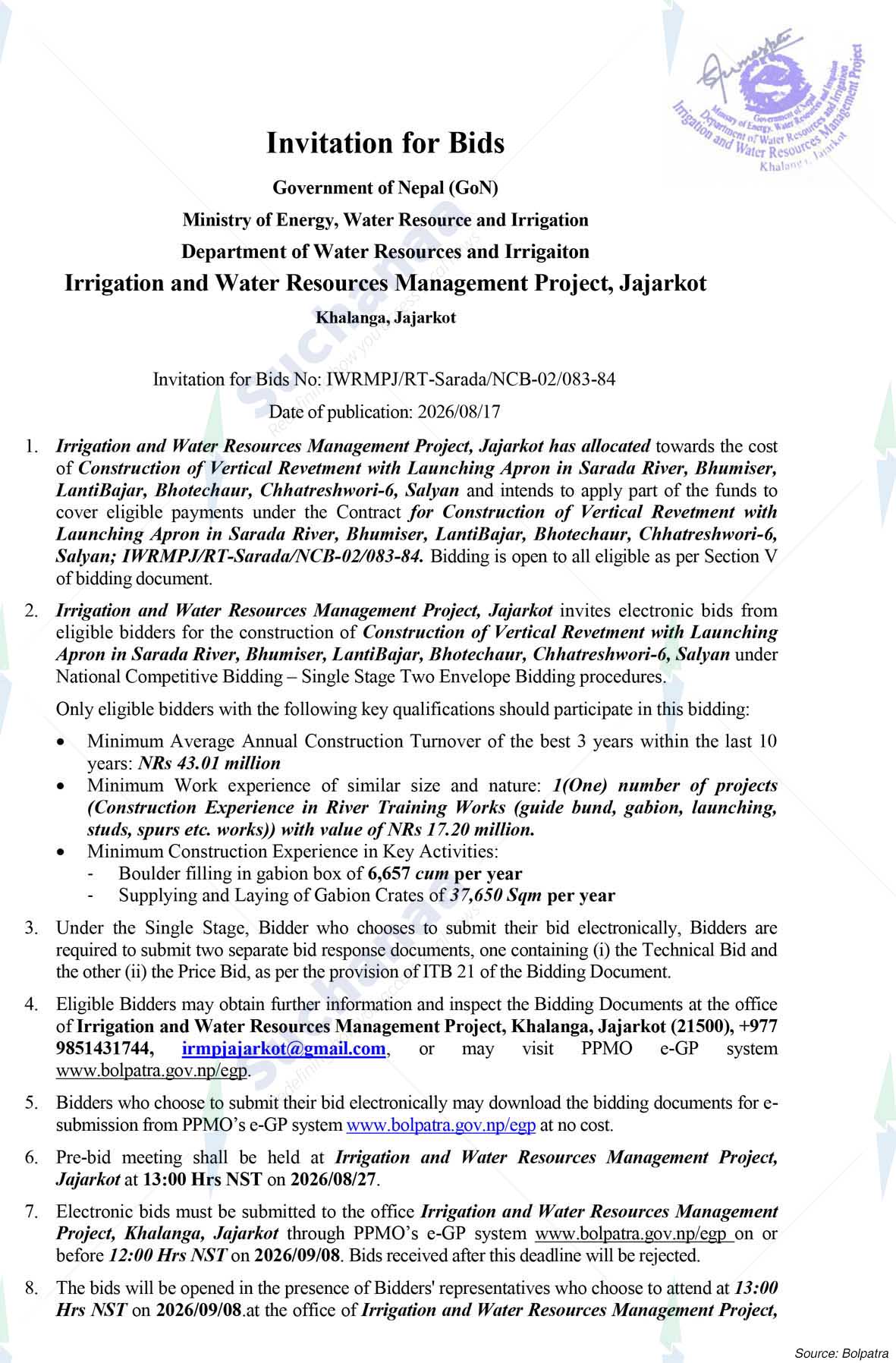 Irrigation and Water Resource Management Project, Jajarkot, Bheri