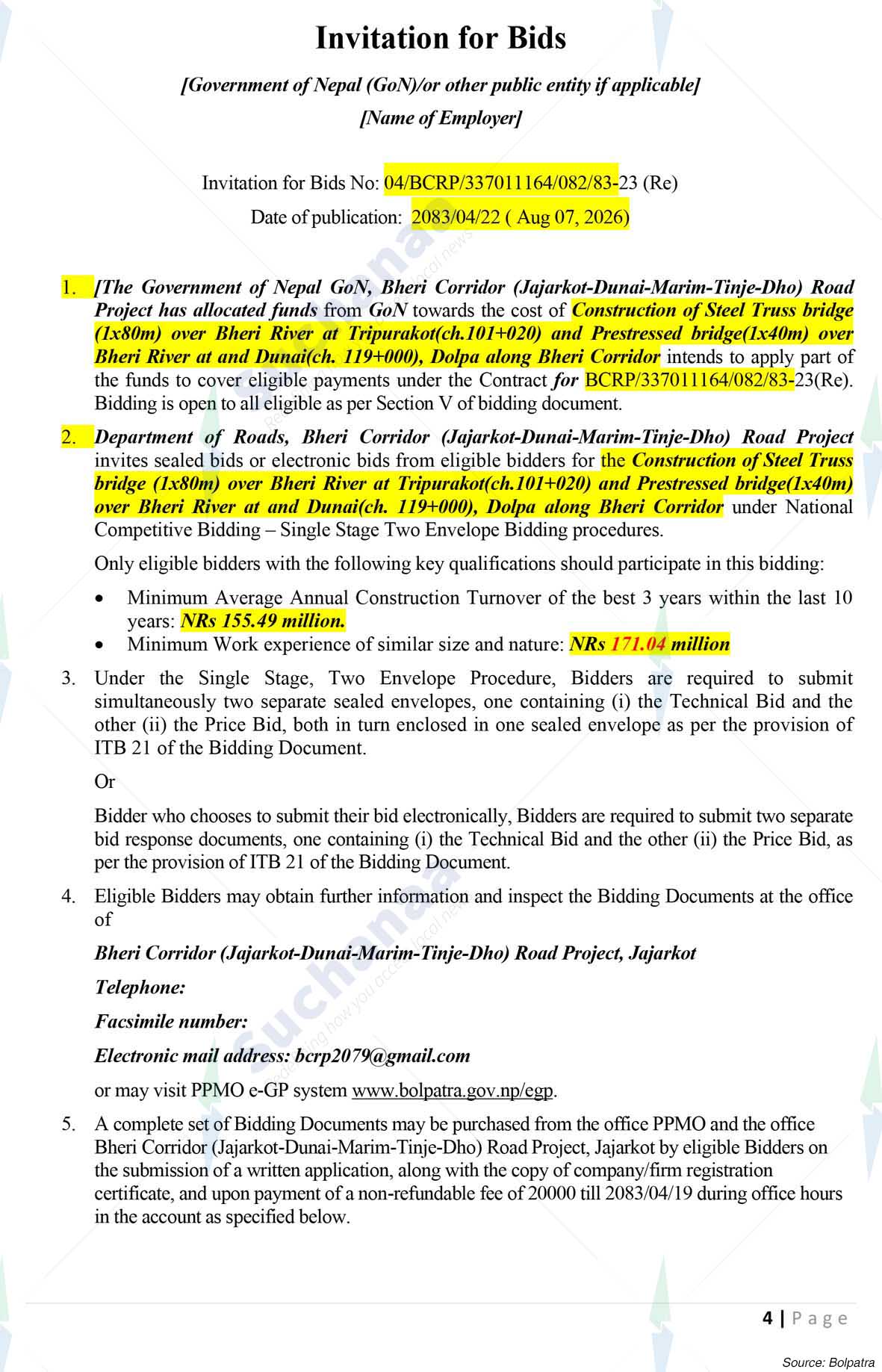 Bheri Corridor (Jajarkot-Dunai-Marim-Tinje Dho) Road Project
