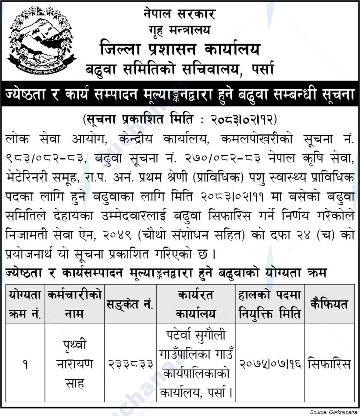 District Administration Office, Parsa