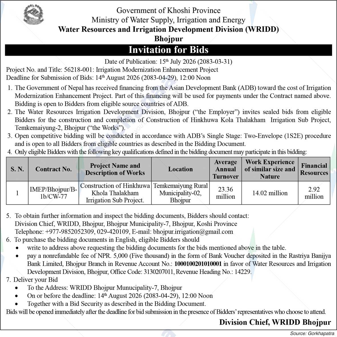 Water Resources and Irrigation Development Division (WRIDD), Bhojpur