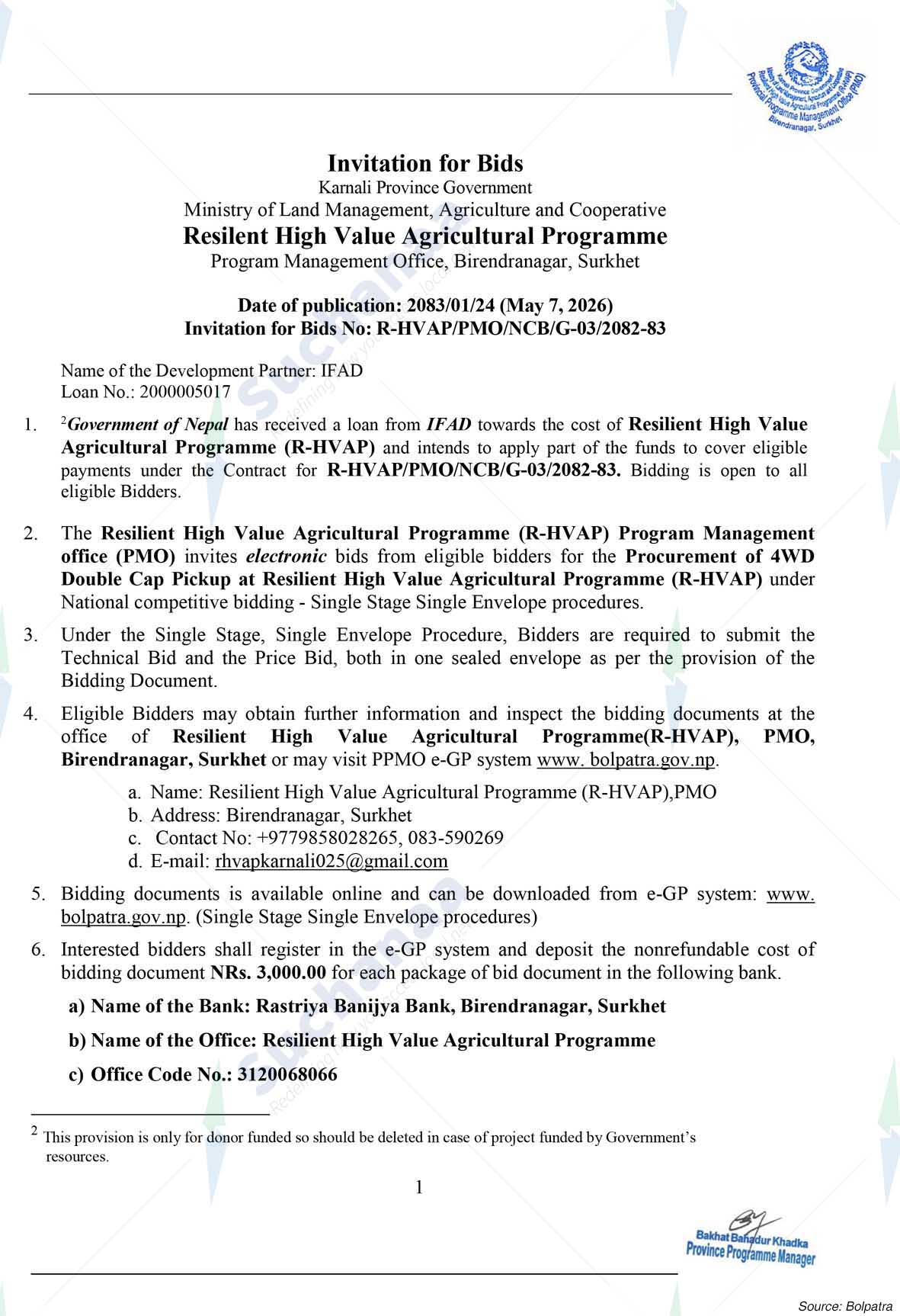 Resilient High Value Agricultural Programme, Provincial programme management office, surkhet