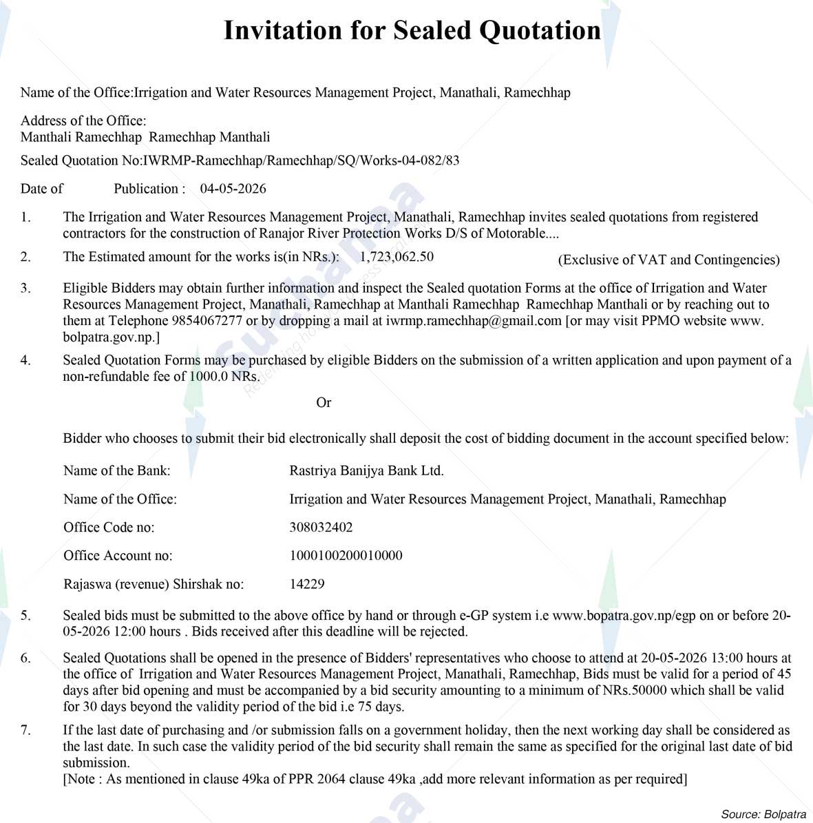 Irrigation and Water Resources Management Project, Manathali, Ramechhap