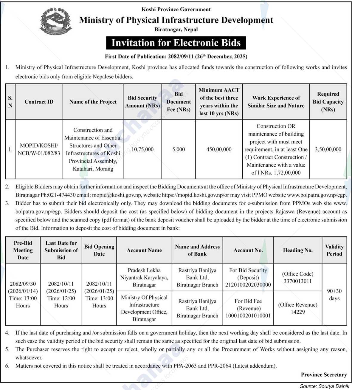 Ministry of Physical Infrastructure Development, Koshi