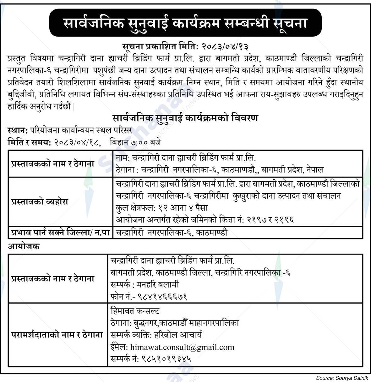 Chandragiri Dana Hatchery Breeding Farm Pvt. Ltd., Kathmandu