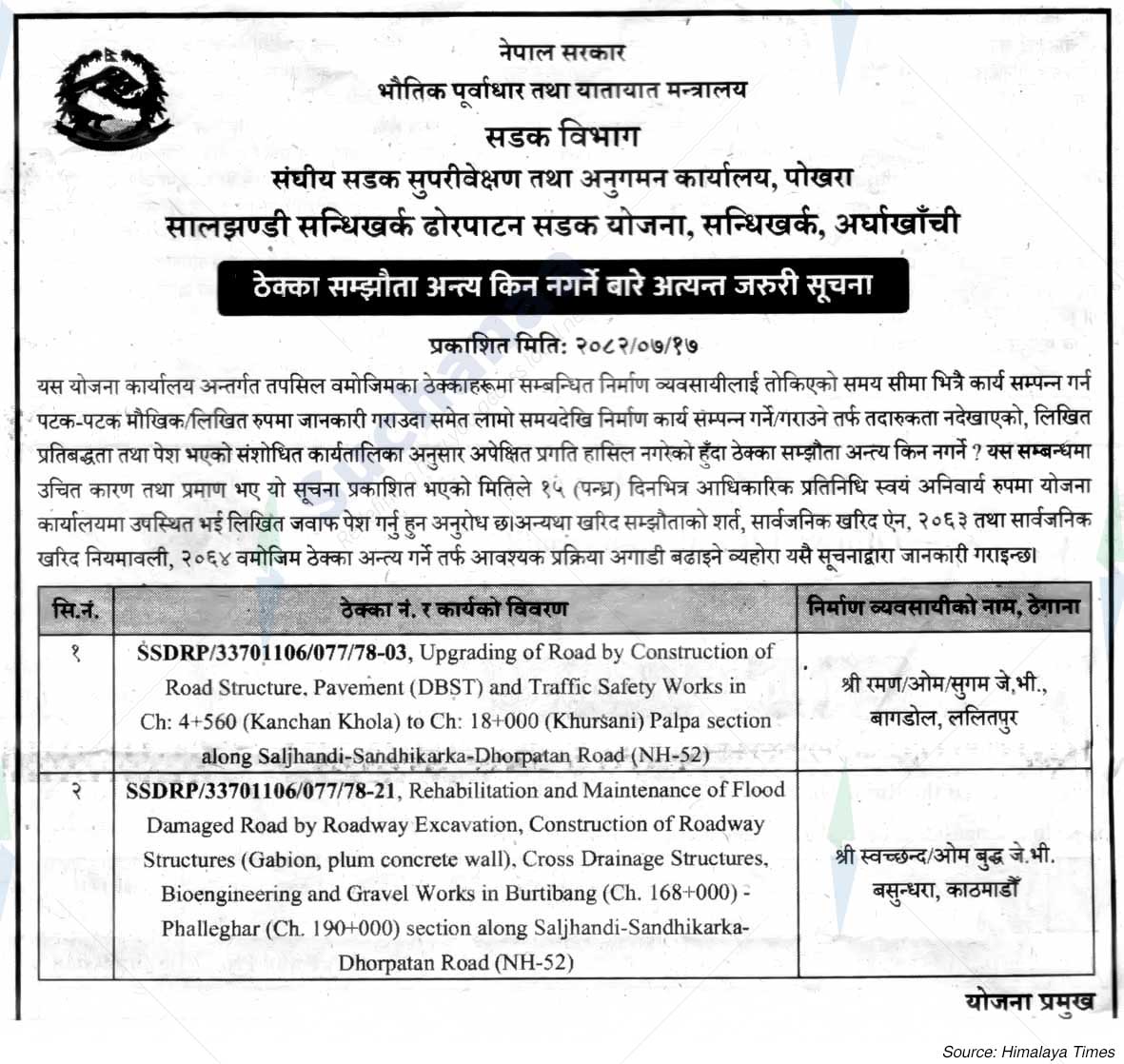 Pokhara Saljhandi Sandhikharka Dhorpatan Road Plan, Sandhikharka, Arghakhanchi