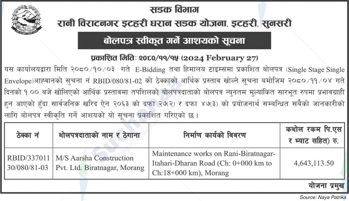 Rani Biratnagar Itahari Dharan Road Project