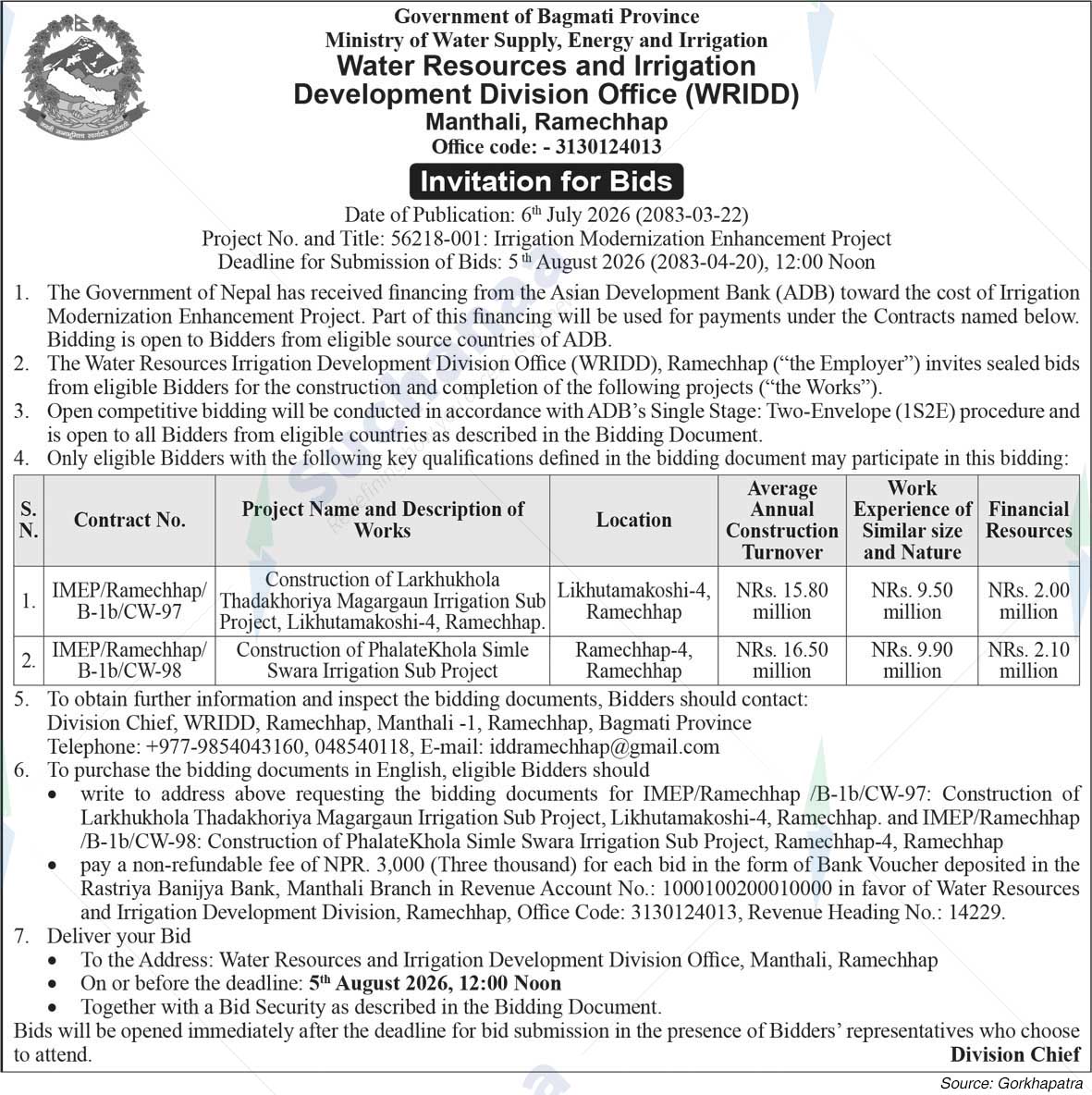 Water Resources and Irrigation Development Division Office (WRIDD), Ramechhap