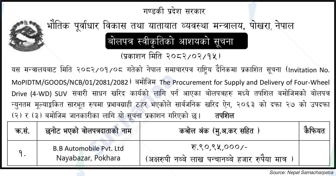 Ministry of Physical Infrastructure Development and Transport Management, Gandaki