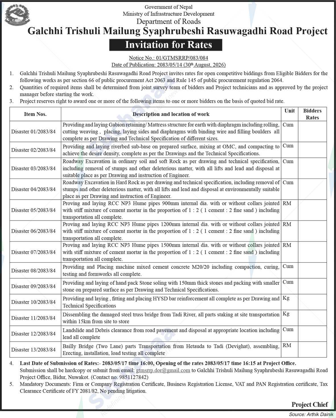 Galchhi Trishuli Mailung Syaphrubeshi Rasuwagadhi Road Project