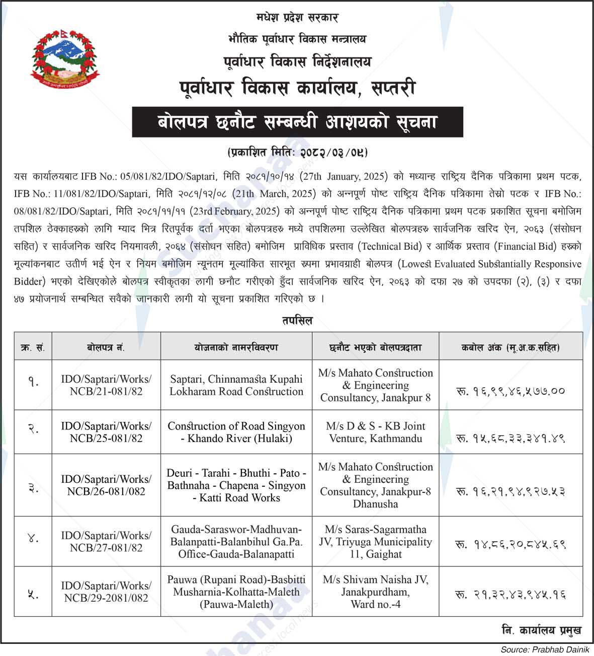 Infrastructure Development Office, Saptari