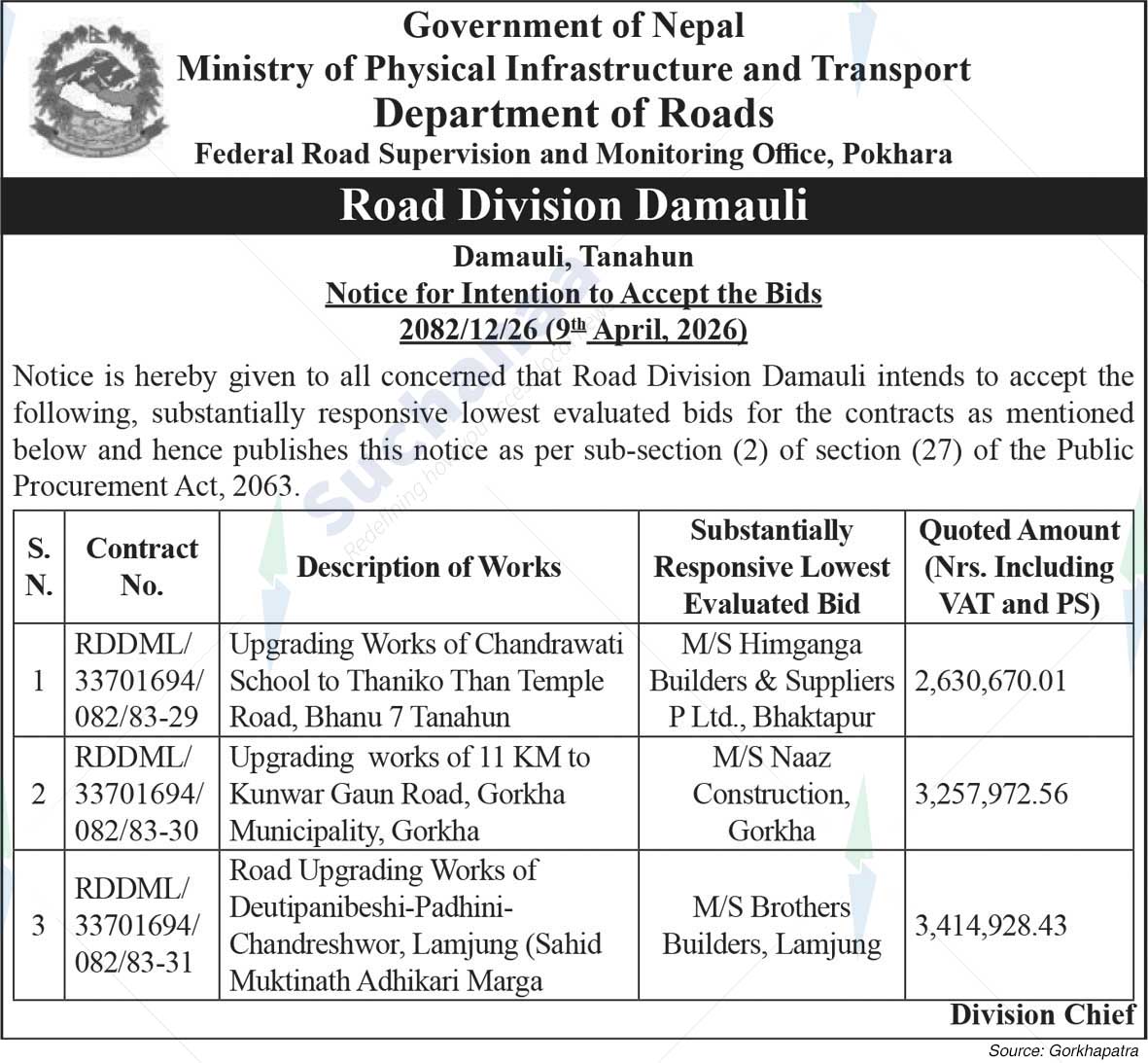 Road Division, Damauli