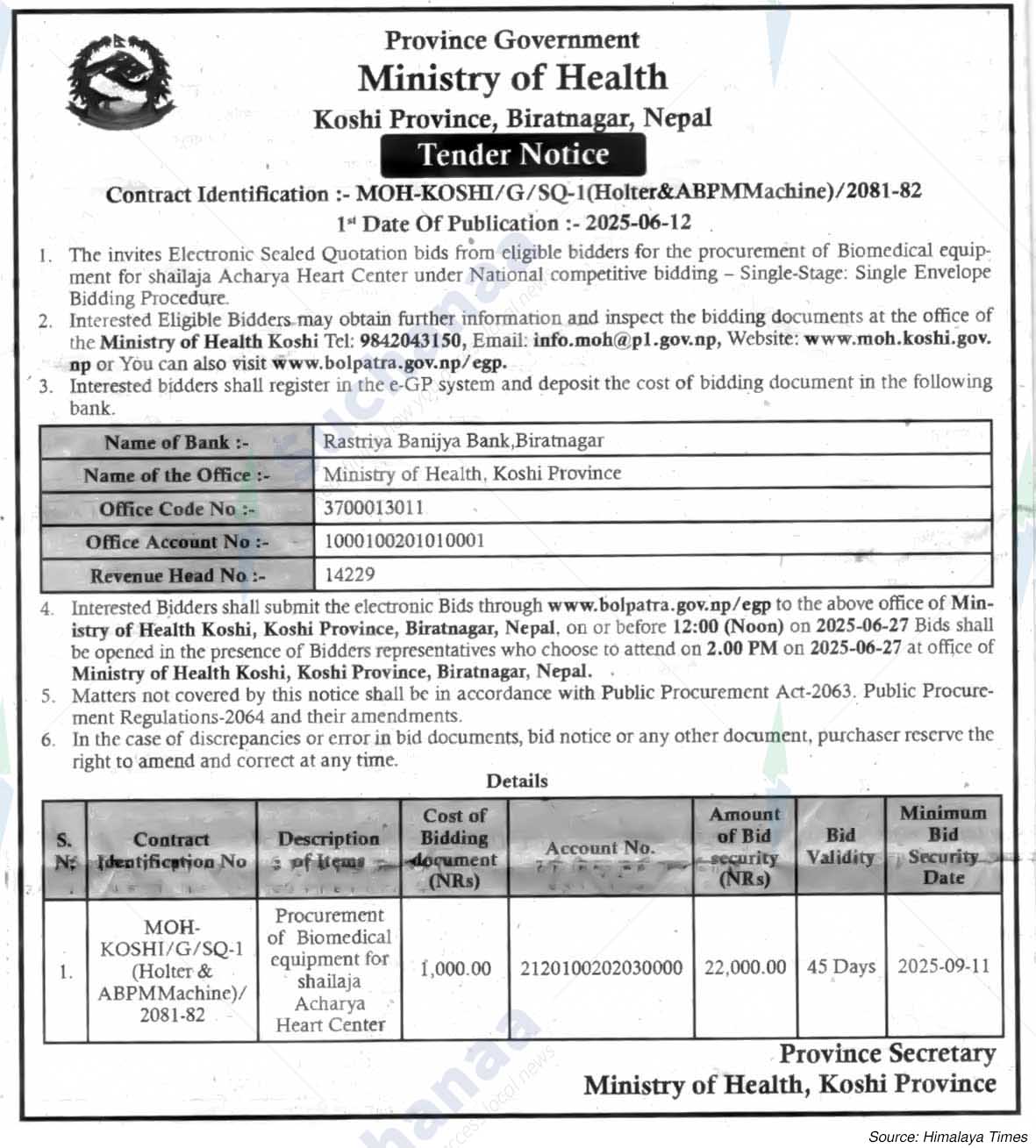 Ministry of Health, Koshi
