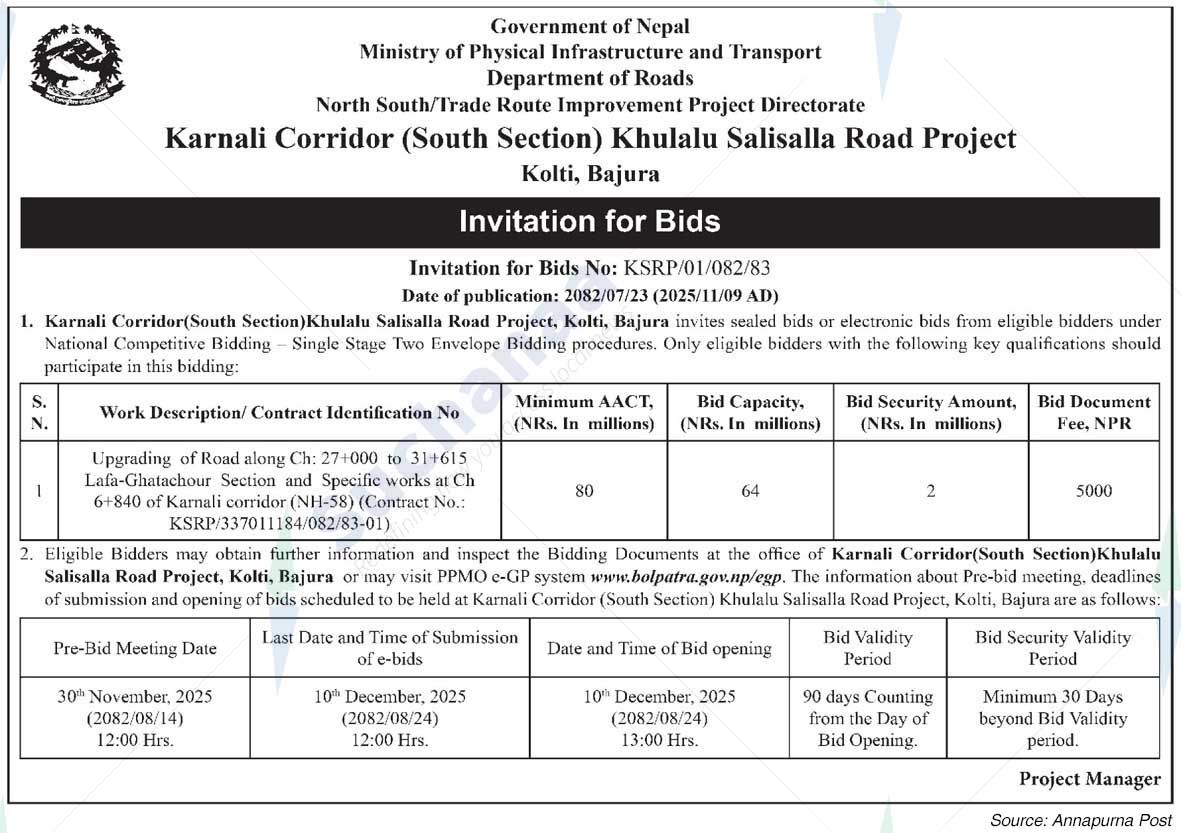 Karnali Corridor (South Section) Khulalu Salisalla Road Project, Kolti, Bajura