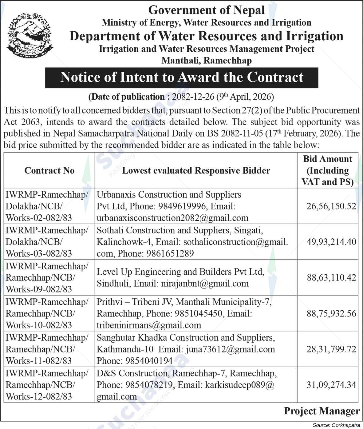 Irrigation and Water Resources Management Project, Manathali, Ramechhap