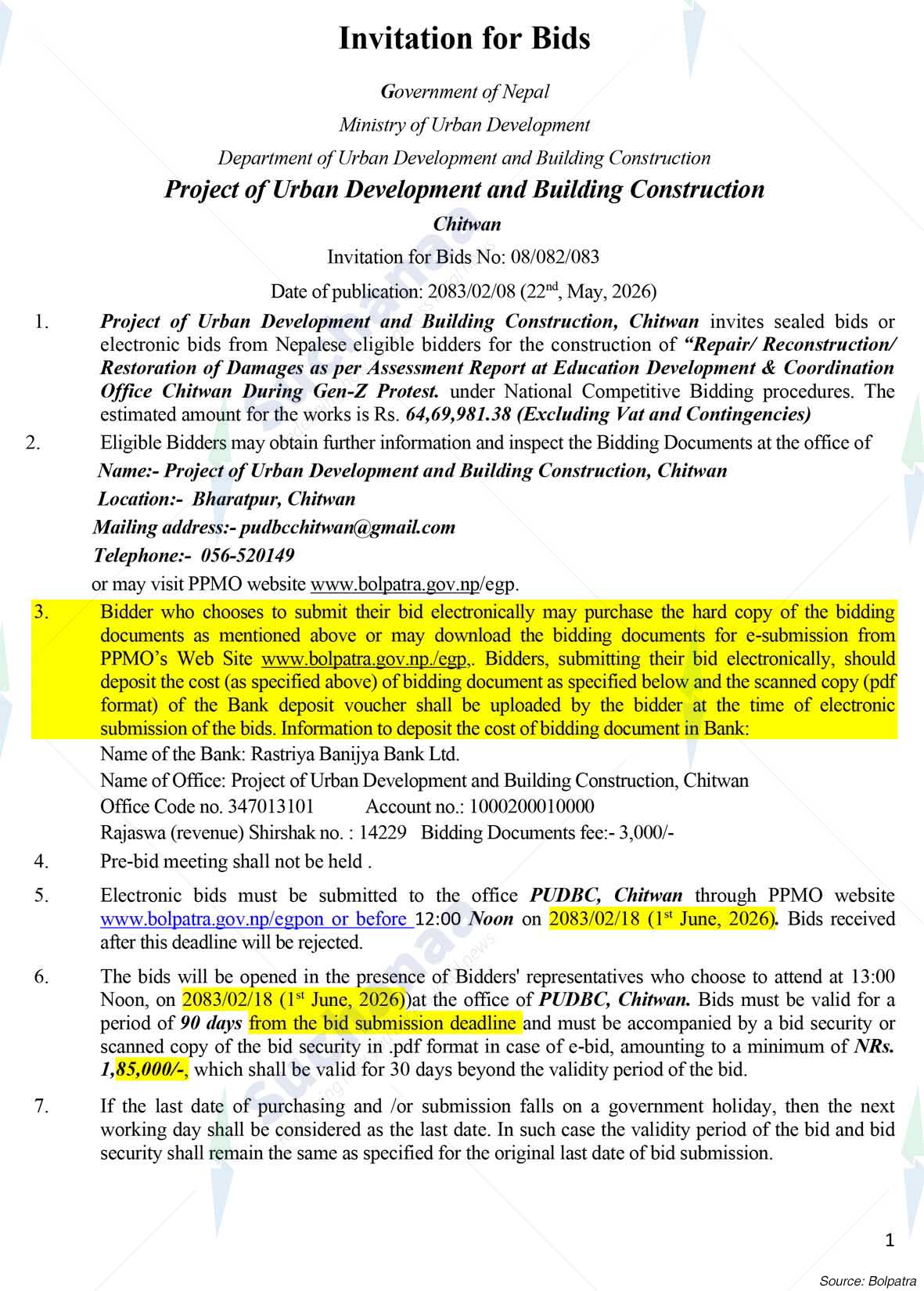 Project Office of Urban Development and Building Construction, Chitwan
