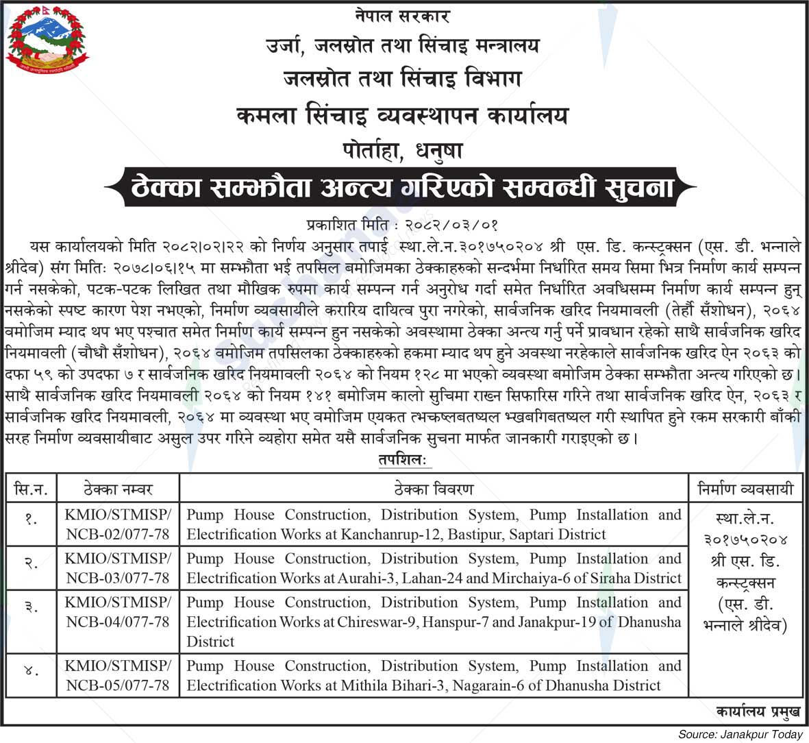 Kamala Irrigation Management Office, Portaha, Dhanusha