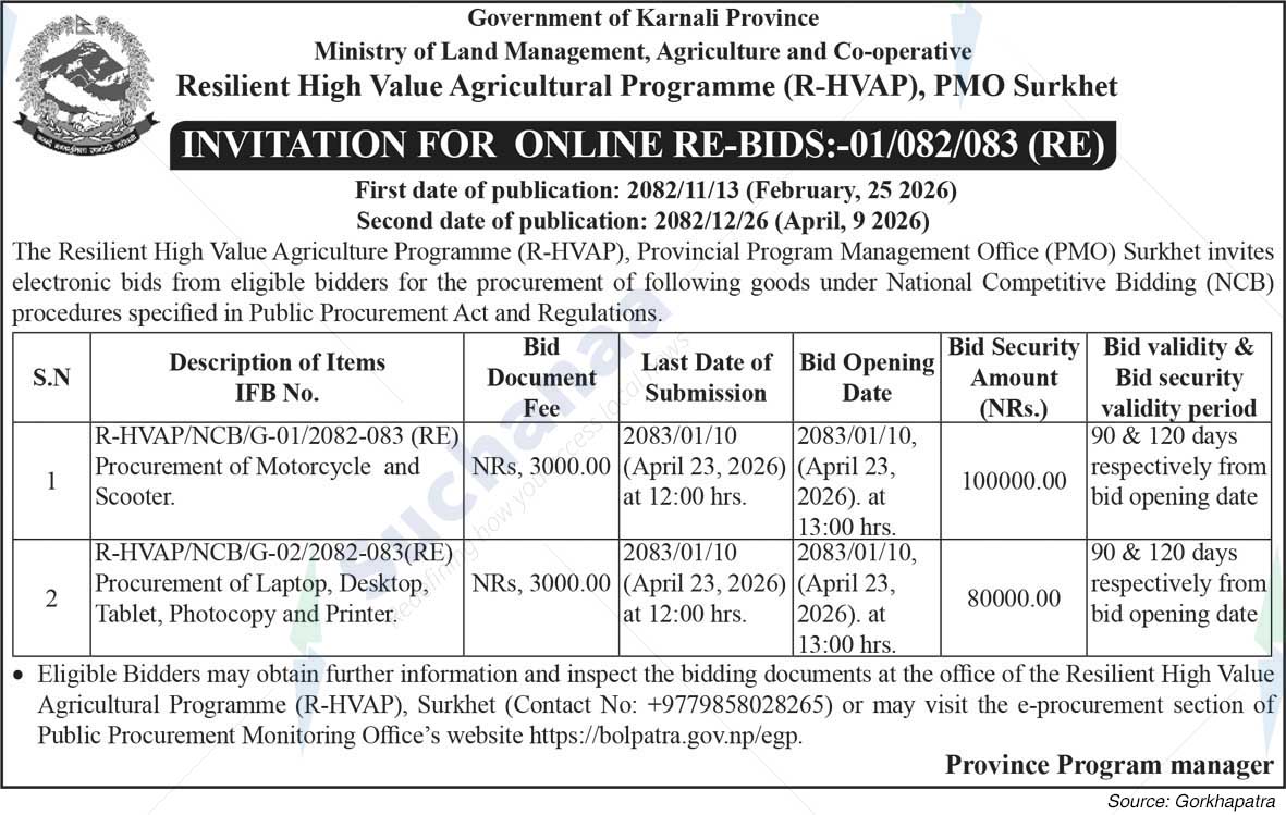 Resilient High Value Agricultural Programme (R-HVAP), PMO Surkhet